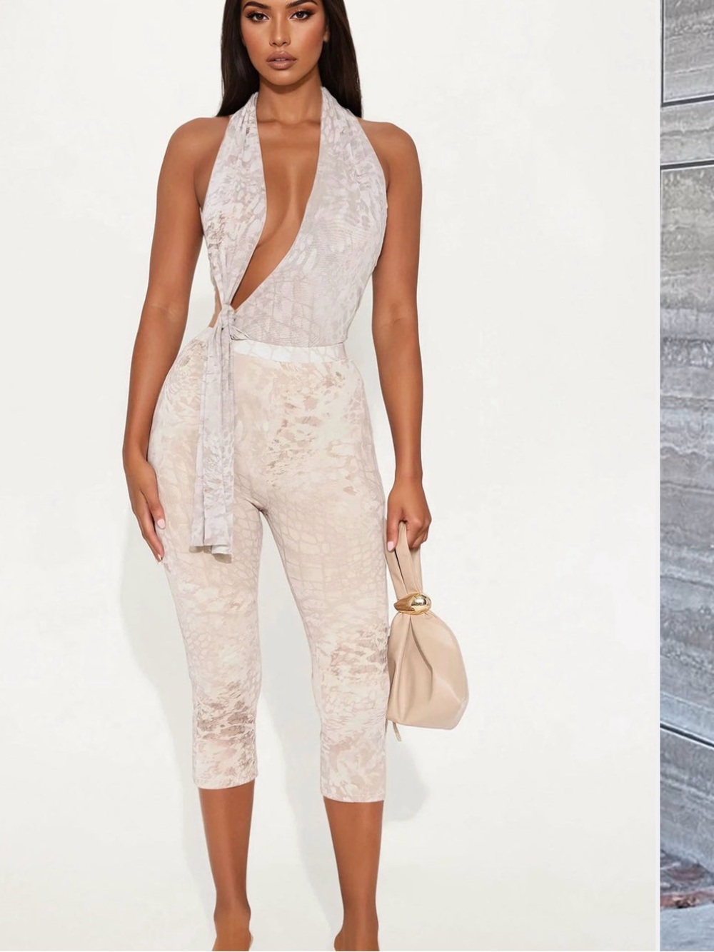 Mariah Animal Print Fashion Nova Beige Halter Tie-Neck Capris Jumpsuit